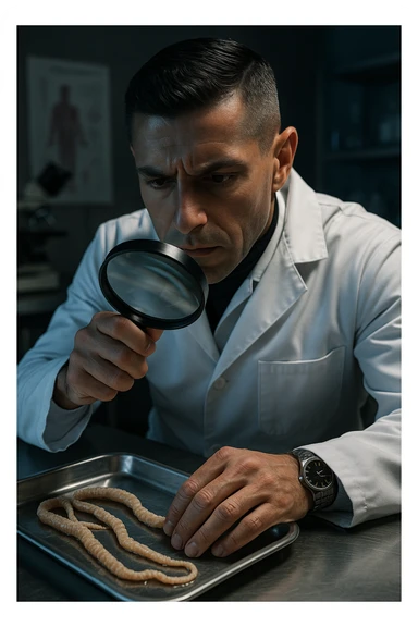 A middle-aged male kinesiologist wearing a pristine white lab coat, intensely analyzing long, beige tapeworms (like Taenia) under a magnifying glass. His expression is focused and slightly concerned, with dramatic studio lighting casting sharp shadows. The parasites are highly detailed, moist, and textured, stretched across a sterile metal tray. The background is blurred but suggests a clinical environment—hints of a microscope, medical charts, and clean lab equipment. The style is hyper-realistic, with a cinematic contrast between the bright white coat and the grotesque, organic forms of the parasites. No sci-fi elements, just raw medical realism with a disturbing edge sticker