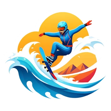 An emblematic symbol featuring a stylized figure in mid-action, representing extreme sports. The design incorporates dynamic lines and bold shapes, with elements like mountains, waves, and flying objects, capturing the thrill and adrenaline of various extreme sports in a single, unified icon. sticker