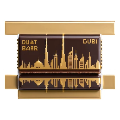 luxurious chocolate bar with Dubai skyline in gold sticker