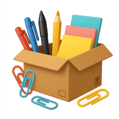 a cardboard box with assorted office supplies like pens, paper clips, and sticky notes spilling out in emoji style with no background sticker