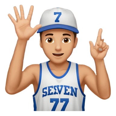 Maverick Trevillian in the crowd at an amateur basketball game. He leans towards the camera and enthusiastically shouts "six seven while performing a distinctive hand gesture: both hands open, palms facing upward, moving up and down as if weighing two options. sticker