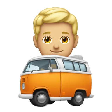 young blond man standing in front of orange campervan sticker