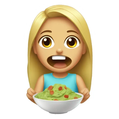 young girl eating guacamole with chips with a silly face sticker