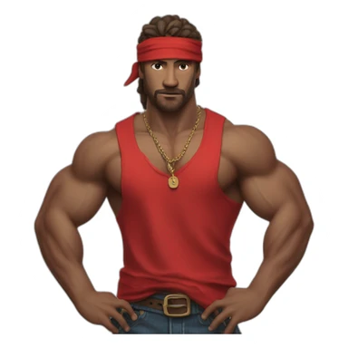 muscular man in red bandana standing sideways turns his head to face the viewer,his hand is bent in the elbow,torso sticker