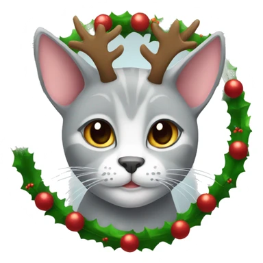 a light gray cat with small ears wearing a Christmas wreath of reindeer antlers sticker