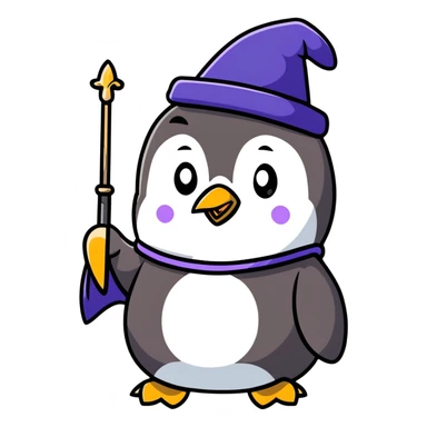 penguin dressed as a wizard with magic wand and wizard hat sticker