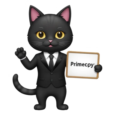 Cat in a black suit holding a sign with the inscription "PrimeCopy" sticker