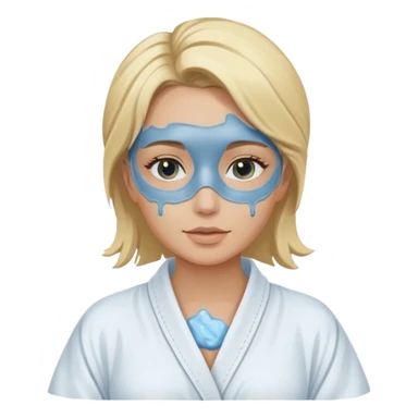 Blonde wearing a white spa robe with a blue mud mask on sticker