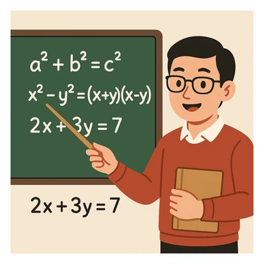 flat toon style Chinese math teacher with glasses pointing at math equations sticker