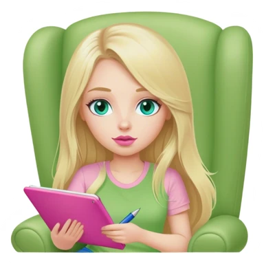 Cinematic realistic blonde with long hair, blue eyes and pink lips, dressed in a green T-shirt, sits in a beige armchair with a pink notebook and pen in her hands sticker