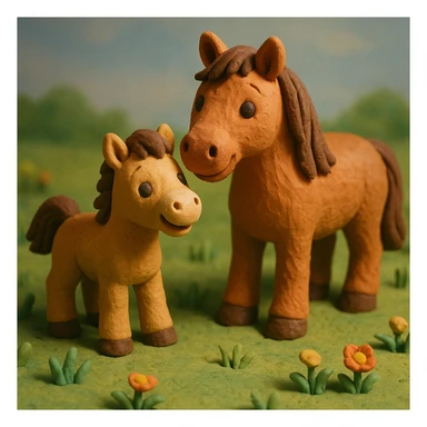 foal and mare together, cute and cheerful, detailed fur, in a grassy meadow, claymation style sticker