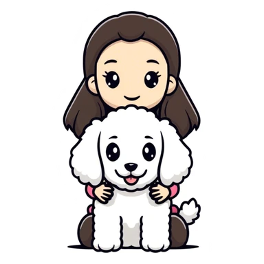 Brunette girl with long straight hair holding a white poodle dog with a black head and ears sticker