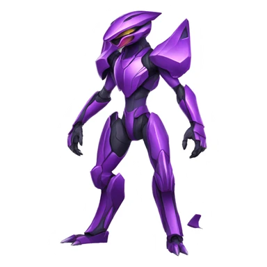 a shiny purple Genesect-Raptor-Fakémon—hybrid with a futuristic visor-helmet full body sticker