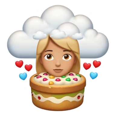 Apple-style emoji illustration of a person with dreamy eyes, and avobe them a thinking cloud with a traditionmal panettone inside, small hearts floating around, soft 3D emoji style, smooth gradients, rounded shapes, warm festive colors, simple expression. sticker