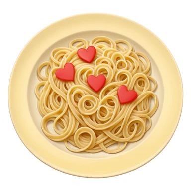 loose tangle of pale yellow cooked spaghetti with soft glossy texture and natural curves, strands slightly twisted and overlapping, freshly prepared dish, no bowl or chopsticks. Add tiny read hearts on the spaghetti sticker