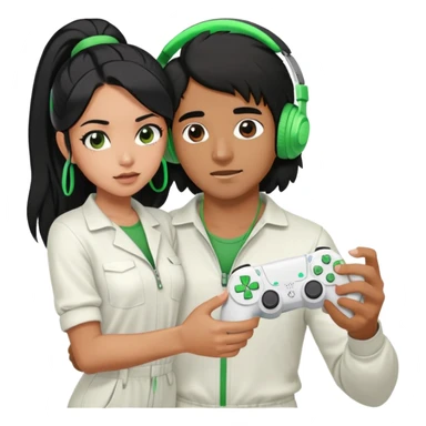 A brown man wearing a white jump suit, green headphones and holding a ps5 controller being strangled by a young Hispanic woman with long black hair sticker