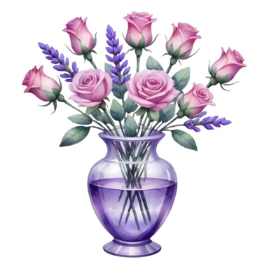Watercolor painting of roses and lavender in a crystal vase, with light brushstrokes visible sticker