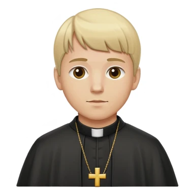 a man with blond hair, straight bangs, a jacket like a priest sticker