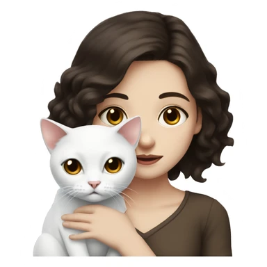 A pale girl with dark brown hair and dark brown eyes holds a white cat and look at the cat sticker