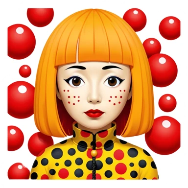 Yayoi Kusama – Cinematic Realistic Portrait of Yayoi Kusama, depicted as an avant-garde artist with an eccentric, captivating expression surrounded by her iconic polka dot patterns, rendered with vivid textures and imaginative lighting that evokes her unique, surreal creative world. sticker