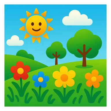 sunny landscape with trees and flowers, bright and cheerful, colorful, simple shapes, emoji style inspiration sticker