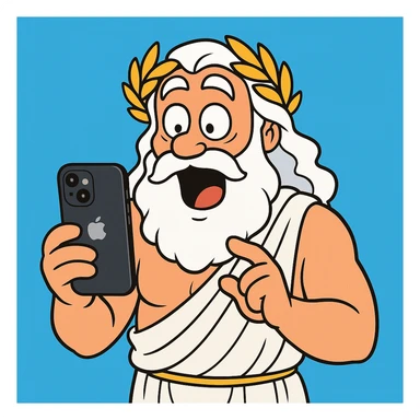 Zeus in a toga, surprised by an iPhone, humorous style sticker
