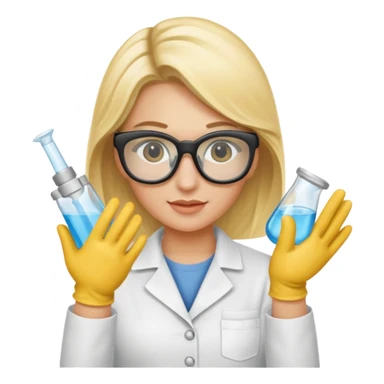 Eine hellblonde Chemikerin mit Kittel, Handschuhen, großer Labor-Sicherheitsbrille und typischem Erlmeyerkolben in der Hand sticker