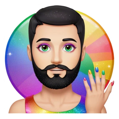 White man with black short hair and black short circle beard, very gay very glitter very rainbow add nail polish and makeup and lashes sticker