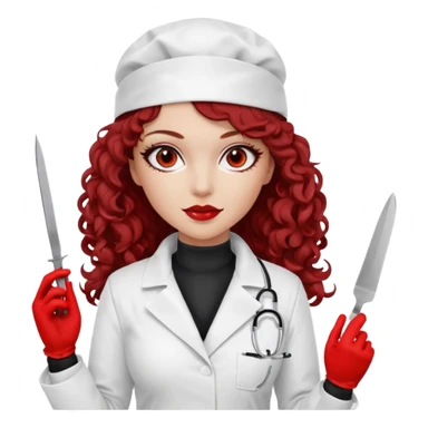 


Scary woman scalpel in hand, evil surgeon sexy surgeon clothes.  She has redcolored  eyes. Her  hair only is free ne brown long curly hair. Wears sexy doctor outfit with red gloves. make her wear full ski mask yo mask and nose mouth mask  to hide. Wears white surgeon coat, wears  stilettos sticker