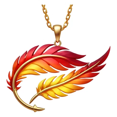 glowing ruby pendant shaped like a phoenix feather, red-yellow gradient, chain suspended midair with rebirth aura sticker