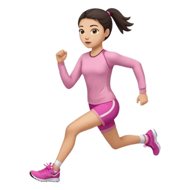 A girl in soft pink sporty tight-fitting clothes, a long-sleeved fitted top and shorts, is running, her hair is dark and straight, pulled back. sticker