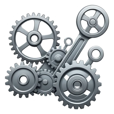 An icon featuring gears, a wrench, and mechanical blueprints, symbolizing mechanical engineering. The design includes pistons, turbines, and technical drawings, representing the design, construction, and operation of machinery. Transparent background  sticker