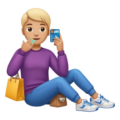 Emoji-style illustration of a person holding a credit card, hand on chin thinking. A thought bubble above the head showing clothes, sneakers, and a shopping cart, representing deciding whether to spend money. Clean, modern emoji style, bright colors, white or transparent background. sticker