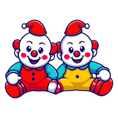 two clowns playing musical chairs, whimsical cartoonish style sticker