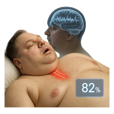 hyper-realistic medical CGI of overweight man sleeping on his back, airway compressed by neck fat, trachea walls glowing red, oxygen saturation 82%, brain scan overlay showing disrupted deep sleep cycles, 4K, clinical sticker