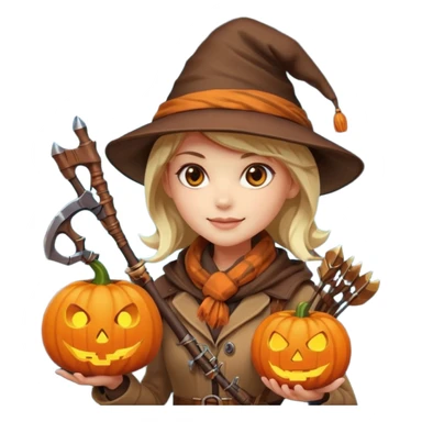 female human monster hunter emoji, wearing brown coat and hat, holding crossbow, soft smile, scarf, glowing pumpkin by her side, Halloween fantasy style, clean vector Apple emoji look, bright colors, white background, square sticker