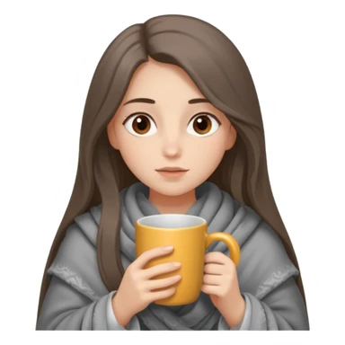 Brown-eyed, fair-skinned girl with long hair down to her shoulders, wrapped in a gray blanket, drinking from a New Year's mug sticker