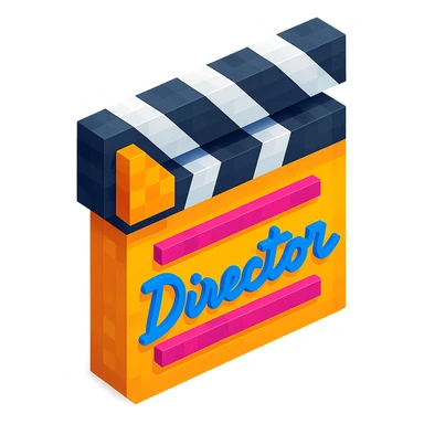 voxel style movie clapperboard with a bold director's signature, isometric view sticker