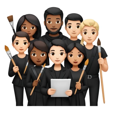 Group of creative people in black outfits, holding paintbrushes, scripts, or tools – theatrical, collaborative vibe sticker