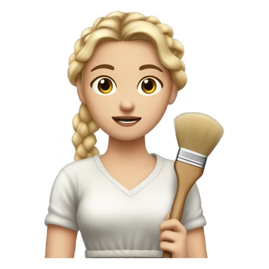 "A young woman with braided blond hair, fair skin, and a lively but slightly worried expression. She wears a simple dress, holding a brush with wite paint on it." sticker