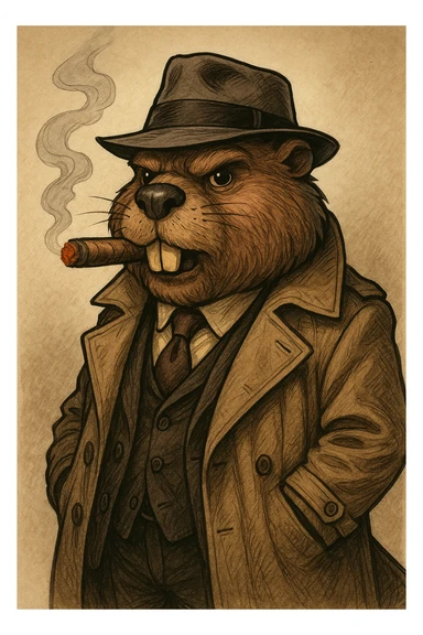 beaver gangster smoking a cigar, wearing a trench coat, tie, and hat, detailed cartoon style sticker