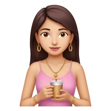 a pretty fair indian bratz girl with a pink cami top, drinking takeaway brown coffee, golden dainty necklace sticker