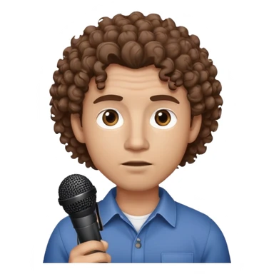 Reporter man with curly brown hair, no glasses, serious, and with a microphone sticker