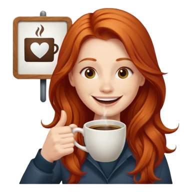 Excited long haired redhead drinking coffee with a sign in front saying GTSY sticker