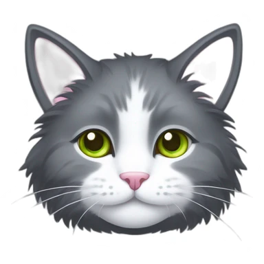 fluffy dark grey cat, short fur, small ears, pink nose, light green eyes, white long whiskers, white spots near the nose, white breast, the cat's fur is soft. sticker