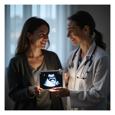 woman with PCOS and doctor showing ultrasound or graphic of healthy oocytes, both smiling, atmosphere of hope and success, clinical environment, realistic photography sticker