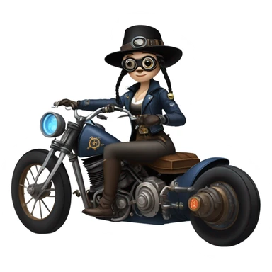 Bounty hunter Wednesday Addams Jedi wearing a pair of navy-blue rimmed steampunk goggles, hat, leather chaps, fringe jacket riding a relaxed sci-fi 3 wheeled steampunk rat rod motorcycle with large fenders and saddlebags in desert town  sticker