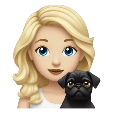 Girl with wavy blonde hair and blue eyes, kissing a black pug sticker