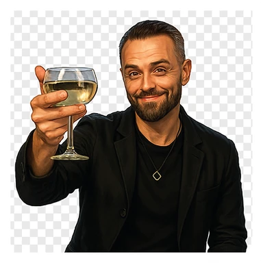 Герой на фотографии в позе и выражением лица из знаменитого мема с Ди Каприо из Великого Гэтсби, слегка рисованный, но при этом реалистичный объемный стиль, прозрачный фон sticker