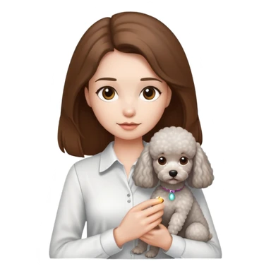 A girl with long straight hair and a white shirt is holding a small light gray poodle sticker